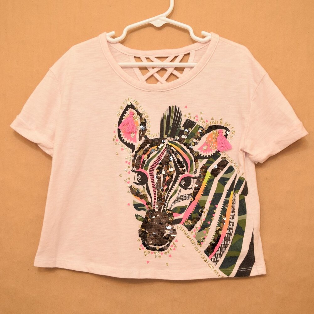 Justice Light Pink Zebra Graphic Tee with Keyhole Back | Size 6/7